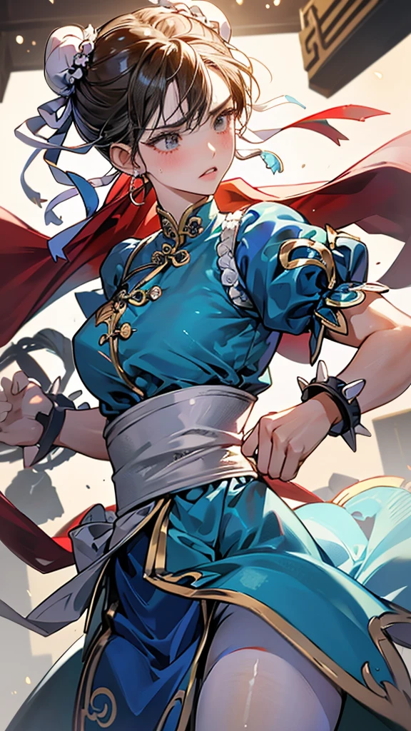 {{masterpiece}}, {{{Highest quality}}},{{Very detailed}},sf2 to,Chunli,Combat Stance,from side,Cowboy Shot,Focus on legs{{{Combat Stanceの成熟した女性}}},{{疲労でSweatをかいている成人女性}},Sweat,,Small breasts,{{Blushing}},{{V-shaped eyebrows}},{{Blue clothes}},{{puffy short sleeve}},{{{Blue Chinese dress with gold lines}},{Bunhead}},{},, ,{{spike bracelet}},{{Tied Hair}},,{{Thin legs}},{{White belt}},,Slender body}}{{ blue pelvis curtain}}, , sash, Brown pantyhose, ,,blush,Wrinkles ,amount,Grit your teeth,suffering,v-shaped eyebrows.,Sweat dripping,Medium chest ,get annoyed,Fighting Ring,,Bunhead,Good cover,Fighting Pose,