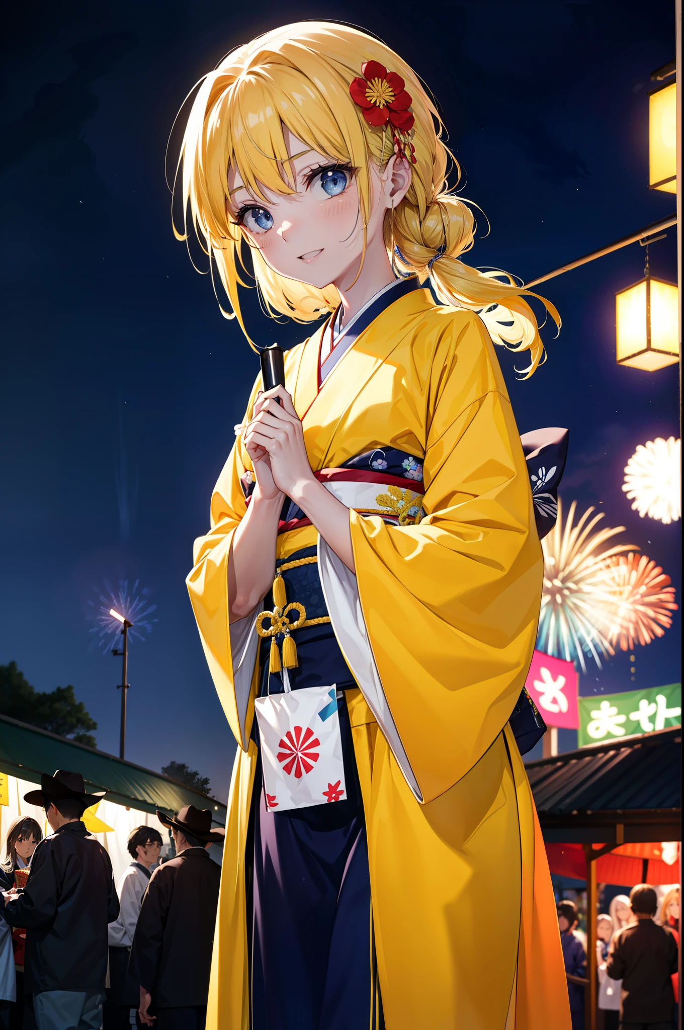 Arisburg, Alice Zuberg, bangs, blue eyes, blonde, Hair between the eyes, Long Hair,Flower Hair Ornaments,Tie your hair back, hair band, white hair band,Yellow kimono,happy smile,smile, Open your mouth,firework in the night sky、firework,場所はfirework大会,Time is night,sunny day,Japanese Festivals,Summer festival food stalls,Red Lantern,whole bodyがイラストに入るように
break outside, shrine,
break looking at viewer, whole body,(Cowboy Shot:1.5),
break (masterpiece:1.2), Highest quality, High resolution, unity 8k wallpaper, (shape:0.8), (Beautiful attention to detail:1.6), Highly detailed face, Perfect lighting, Extremely detailed CG, (Perfect hands, Perfect Anatomy),