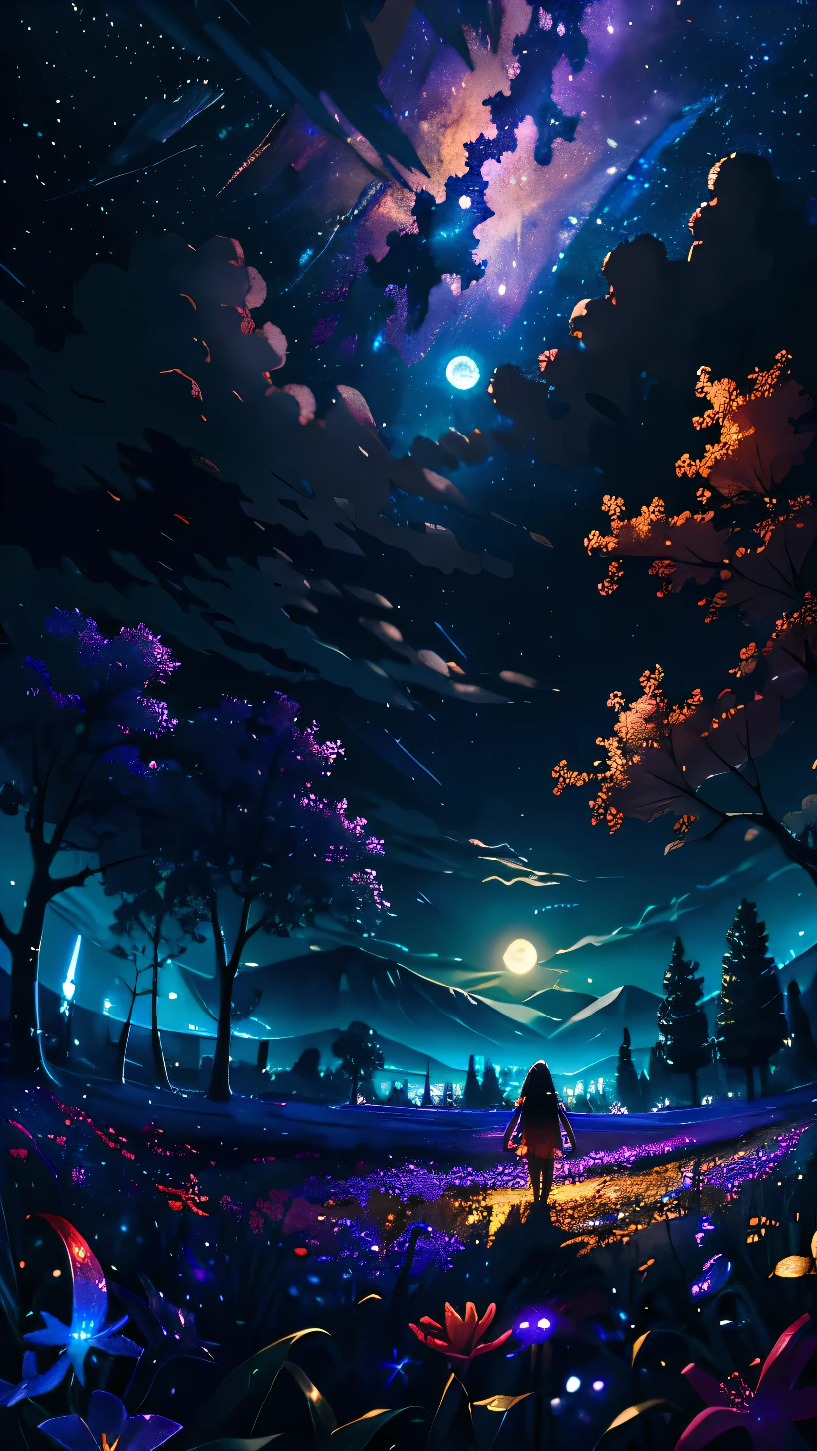 Wide Landscape Photography , (a view from below that shows the sky above and the open countryside below), a girl standing in the flower field looking up, (fullmoon:1.2), ( shooting stars:0.9), (nebula:1.3), distant mountain, tree BREAK production art, (Warm Light Source:1.2), (firefly:1.2), Light bulb, lot of purple and orange, details Intricate, BREAK Volumetric Lighting
(work of art:1.2), (best qualityer), 4K, ultra detali, (dynamic composition:1.4), highy detailed, colorful details,( Iridescent Colors:1.2), (bright lighting, atmospheric lighting), dreamers, magical, (standing alone:1.2)