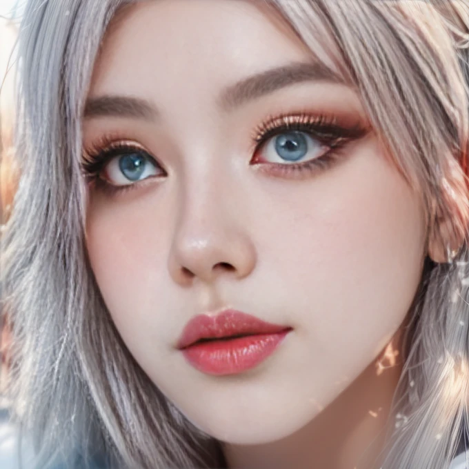 Beautiful woman with long black hair and a gray shirt,gorgeous big blue eyes,pastel blue eyes,full face close up portrait, small lips pointy nose, detailed unblurred face, the face of absurdly beautiful, close up face, sunshine on her eyes,blue eyes