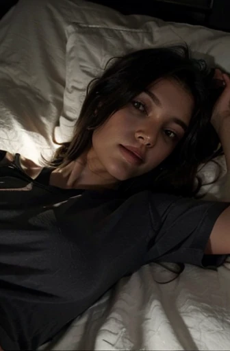(body selfie), lying in bed, long t-shirt, shorts, lying down, dark, nighttime