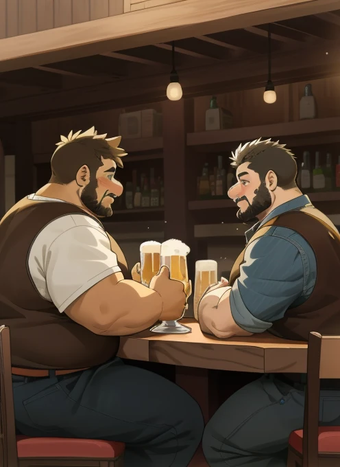 Only plump, chubby, extremely thick thighs, large belly, fat, age 55, two friends are at the bar drinking beer gesturing and talking sitting on the chair with beer bottles on their table , an environment with tables and other people sitting and talking , 4K, masterpiece.