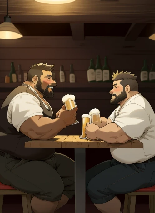 Only plump, chubby, extremely thick thighs, large belly, fat, age 55, two friends are at the bar drinking beer gesturing and talking sitting on the chair with beer bottles on their table , an environment with tables and other people sitting and talking , 4K, masterpiece.