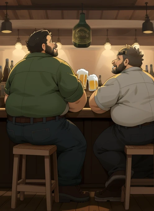 Only plump, chubby, extremely thick thighs, large belly, fat, age 55, two friends are at the bar drinking beer gesturing and talking sitting on the chair with beer bottles on their table , an environment with tables and other people sitting and talking , 4K, masterpiece.