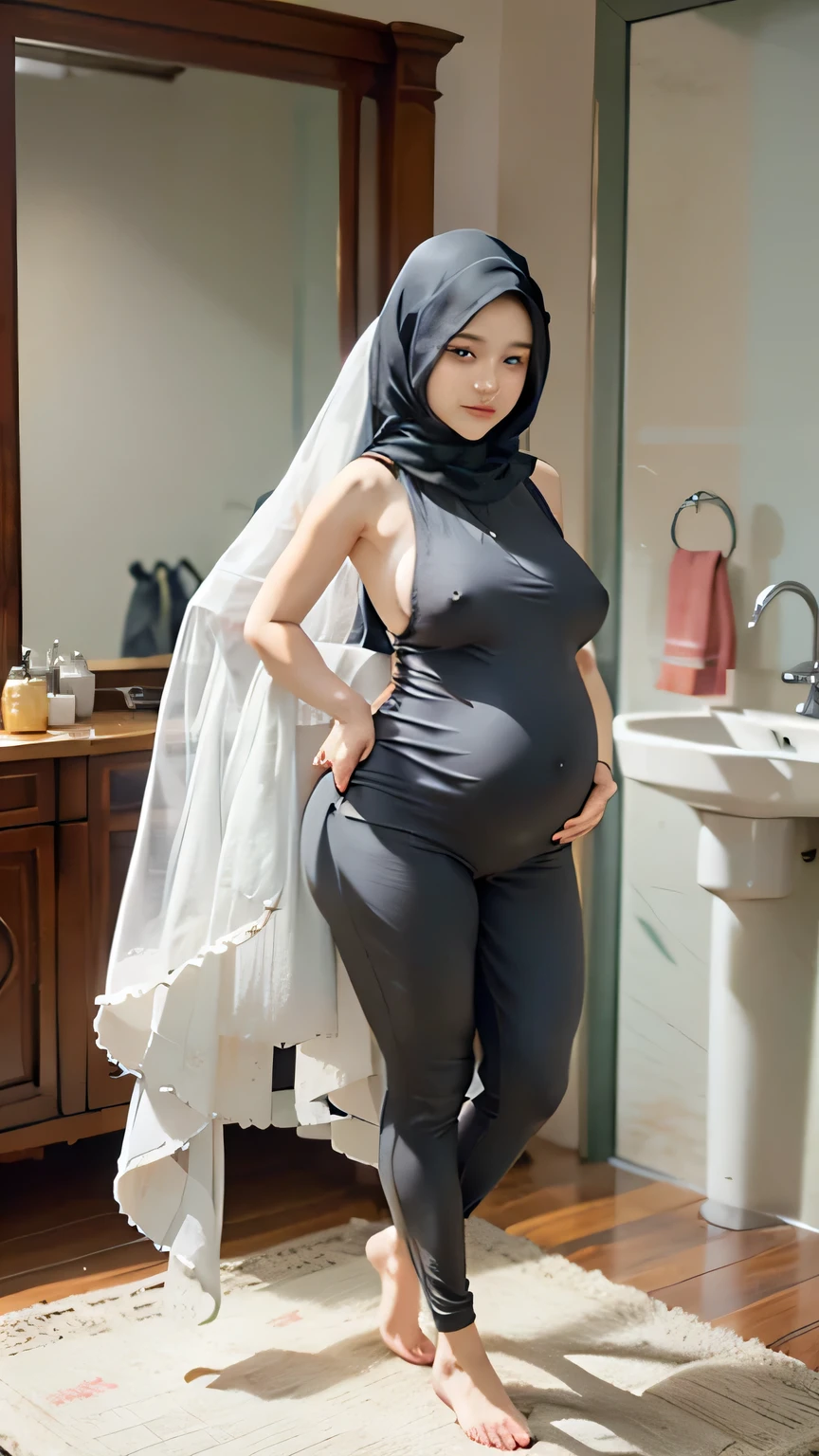 ((Realistic)), ((best quality photo)), ((Masterpiece)), shot on Canon EOS 500 D, beautiful girl hijab, girl wear hijab, (((big breast))), (breast covered), (big breast), bare breast, perfect face, (((big breast,))), white sleeveless chiffon shirt, wearing grey legging, tight long pants, (((covering body, long veil))), Slim Face、, stil young, fit body, Pretty Lady, curvy shaped body, breast emphasis, armpit showing, holding her breast, fat vagina, tight thighs, pregnant, cameltoe, smile eyes, bathroom, stand up, enormous hips, accentuated breast, side view, full body shot, barefoot, erotic