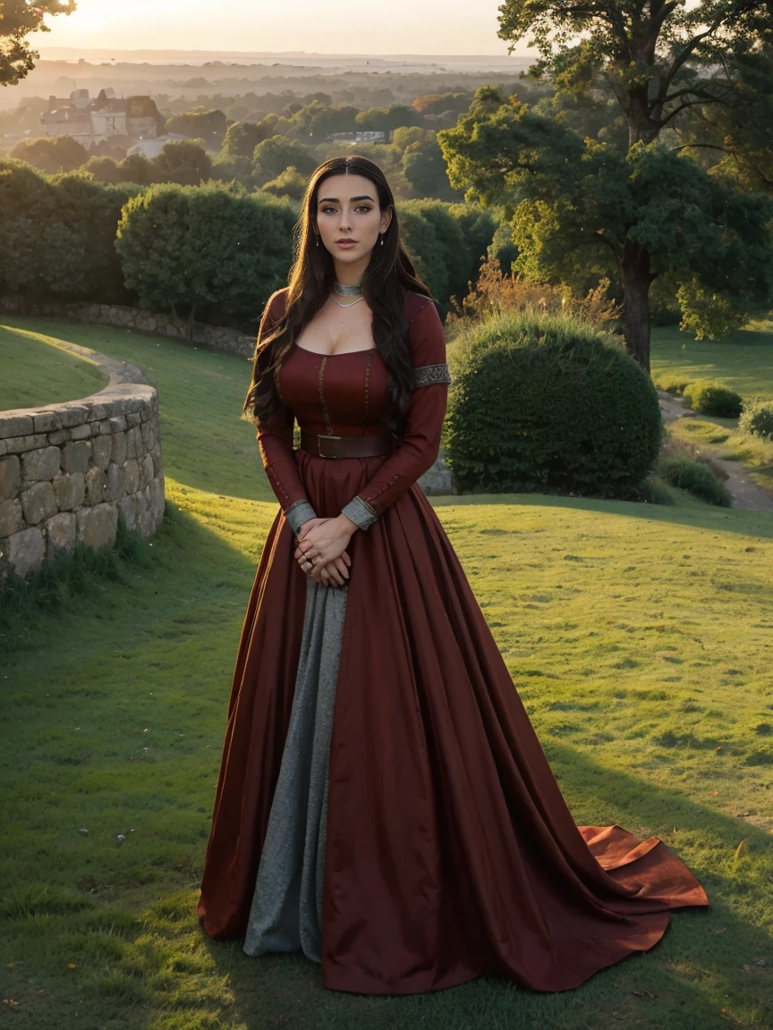Gorgeous and sultry busty athletic (thin) brunette queen with sharp facial features wearing a modest updo, dark red medieval dress, long sleeves, intricate patterns, scrollwork, wide neck, crown, veil, long dress, modest dress, tight bodice, silver belt, (waist chain), medieval jewelry, Middle Ages, castle, rampart, wall, exterior, on top of a castle wall, trees, countryside, evening, sunset.