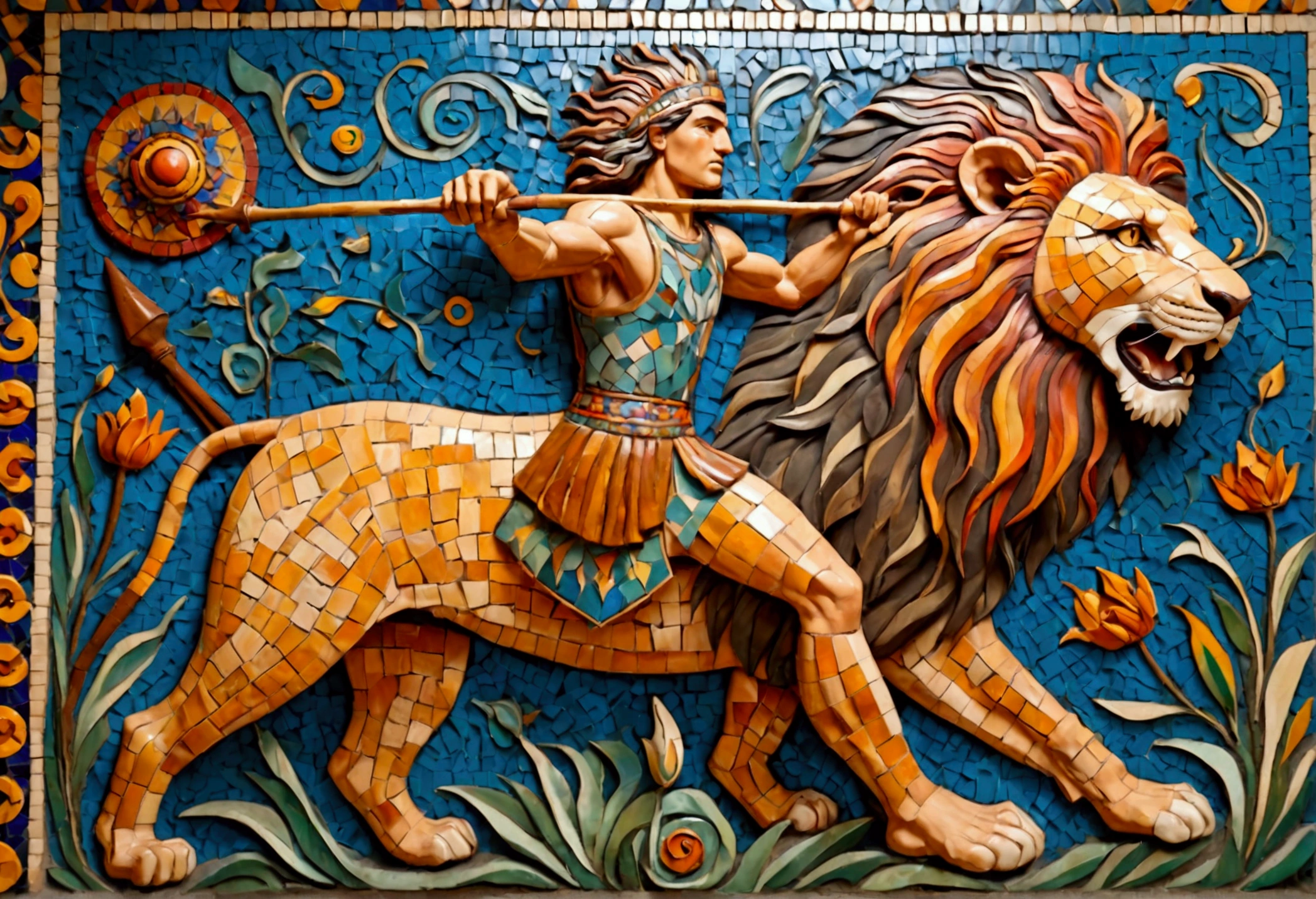 (colorful tile mosaic) A powerful nubile man with a spear battles a lion, highly stylized