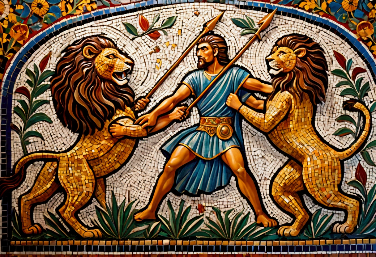 (colorful tile mosaic) A powerful nubile man with a spear battles a lion, highly stylized
