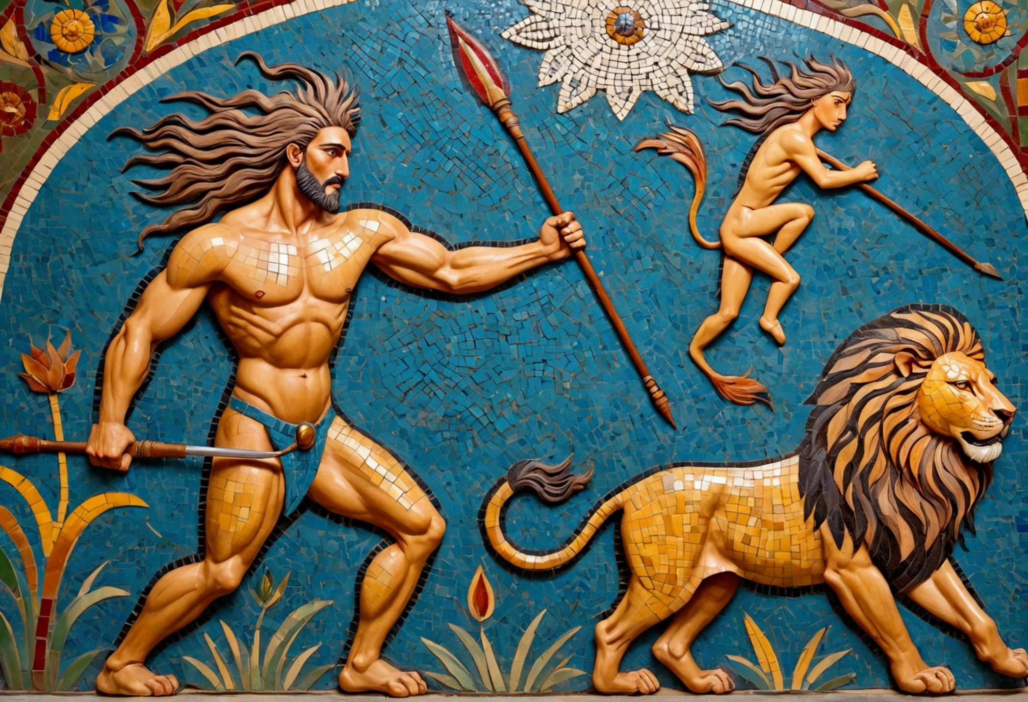 (colorful tile mosaic) A powerful nubile man with a spear battles a lion, highly stylized