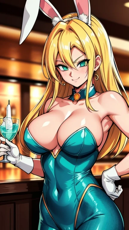RAW photo, (high detailed skin, detailed eyes:1.1), intricate details, best quality, 8k uhd, soft lighting, Vegetto, breasts, (female:1.2), 1girl, earrings, jewelry, white gloves, spiked hair, dougi, smile, blonde hair, green eyes, super saiyan, bunny suit, bunny ears, sexy, in bar, bartender, dance