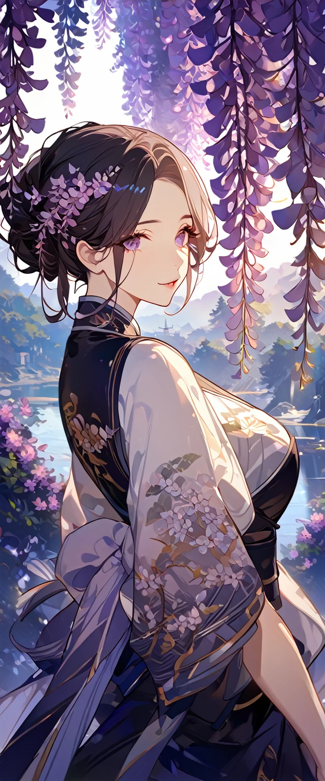 wisteria flower, wisteria tree, wisteria background, 8k ,4k , best quality, high quality, masterpiece, transparent clothes, embroidery clothes, big chest, all kind of hairstyle, inspired by Asukaziye artist : ask, art style : ask