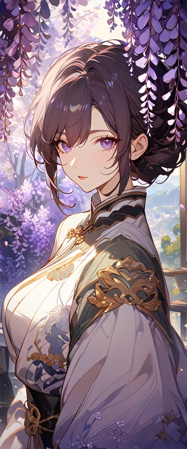 wisteria flower, wisteria tree, wisteria background, 8k ,4k , best quality, high quality, masterpiece, embroidery clothes, big chest, all kind of hairstyle, inspired by Asukaziye artist : ask, art style : ask