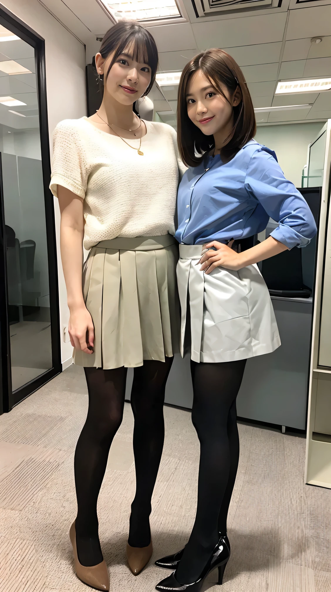 Highest quality, masterpiece, Realistic, whole body photos、 Ultra-high resolution, ),Two women standing side by side、Light brown hair、Short Haircut、office lady suit、Knee-length skirt、tights、pumps、necklace, (office, indoor, Glass Room), (Long legs, whole body:1.2),