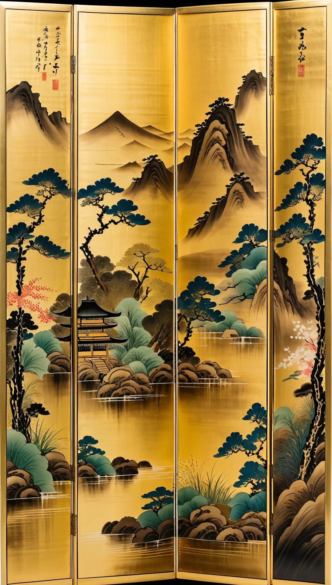 masterpiece,A folding screen depicting dry landscape gardens,Ink and water Japanese painting,(Beautiful gradation created by layering),(Tarashikomi technique),(Gold dust base),(dynamic)