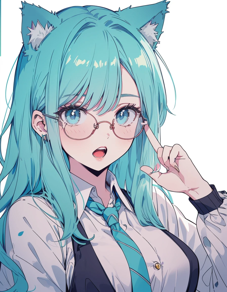 office, office lady, glasses, surprised, raised hands, open mouth, ((masterpiece, best quality:1.5)), ((Beautiful detailed cat aqua eyes:1.2)), cat ears, pale skin, medium breasts, beautiful hands, beautiful fingers, EasyNegative