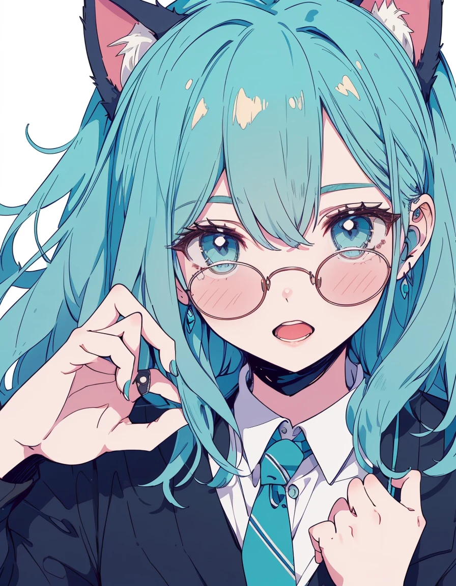 office, office lady, glasses, surprised, raised hands, open mouth, ((masterpiece, best quality:1.5)), ((Beautiful detailed cat aqua eyes:1.2)), cat ears, pale skin, medium breasts, beautiful hands, beautiful fingers, EasyNegative