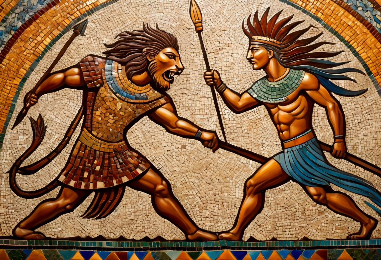 (colorful tile mosaic) A powerful nubile man with a spear battles a lion, highly stylized