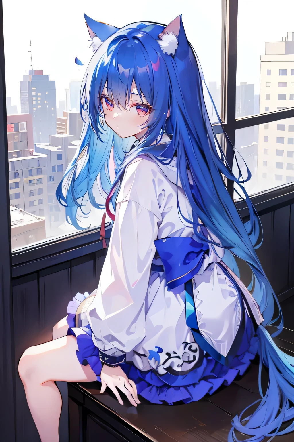 (masterpiece:1.2),Super detailed,lifelike,Expressive eyes,fair skin,perfect face shape,1 girl,
Japanese comics,Gorgeous blue hair,flowing blue hair,flowing clothes,Cat ears,Petals fall,beautiful lola,Baby Angel,
Shaking head with one hand,Cross your legs,smile, wearing hoodie, ,back views,snowing, winter,City Street Scene,winter。sitting on window, looking out the window,Turn your back to the audience。