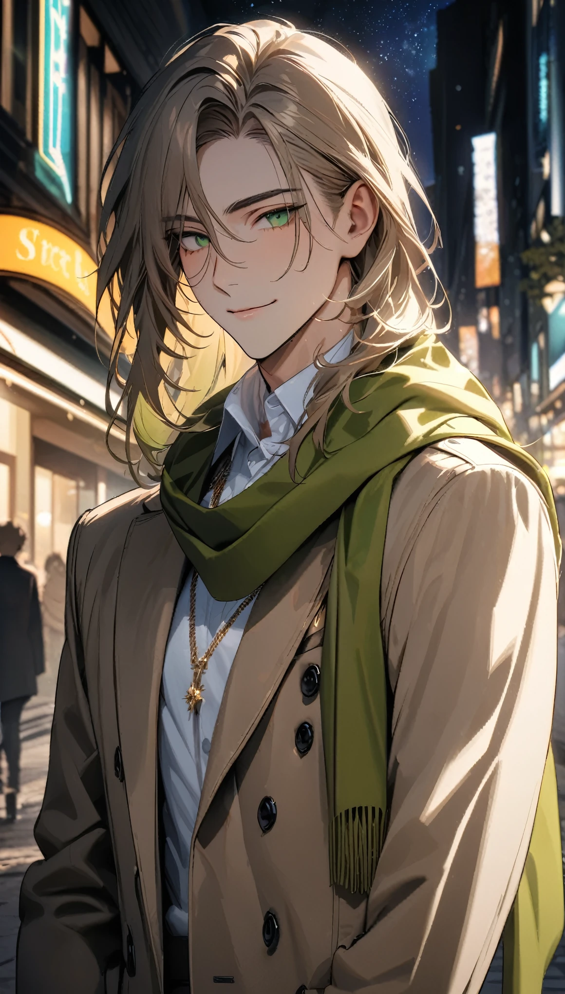 (masterpiece:1.5),best quality,(1 Handsome man),alone,white long length hair,(green eyes), (A soft smile),elegant,perfect face,Luxurious modern clothing,Slightly muscular body,High,8k,Beautiful contrast of light and shadow,(complete upper body),Positive face,((luxury street)),city center,night,Bustling night scene,Starry Sky,plant,Flowers,anatomically correct,white shirt,Light brown trench coat,green silk scarf,Beautiful Boy,23 years old,gold slim necklace