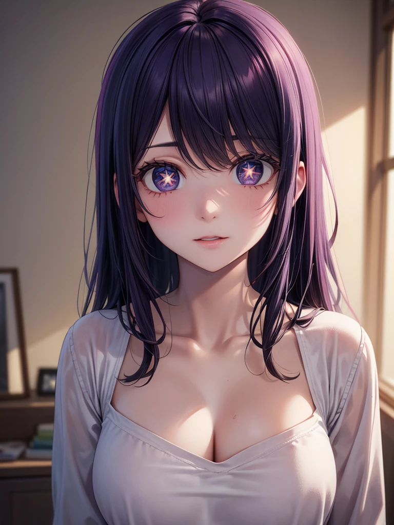 (8k, Ultra-high resolution, The best masterpiece, best quality:1.2), Very detailed, Complete Solution, (actual, actual photo: 1.37), portrait, HD RAW photos, career arrest, High quality and beautiful, 超高清 8k 影像照片, confess, Professional photography, Very detailed的美麗女孩, Super delicate face shape, Contoured eyes, (Very detailed eyes), Precisely shaped nose, expressive lips, Delicate skin, (HD Skin:1.2), Neatly contoured fingers, Every feature is carefully displayed, (20:1.2), Twenty generations, cute girl, young beautiful mother, solo, Ai Hoshino, Hoshino Ai, Permanent, Photography studio, Vibrant look, (Comfortable casual loungewear), Dynamic dark purple long hair, shiny purple eyes, (Star-shaped pupil:1.5), one hand raised, Sensual, A face that exudes maternal love, perfect anatomy, Detailed background, HD Background, Volumetric lighting, actual, stunning details, 8k Ultra HD, high quality, CG unity, C4D Rendering, 3D Rendering, Octane Rendering,