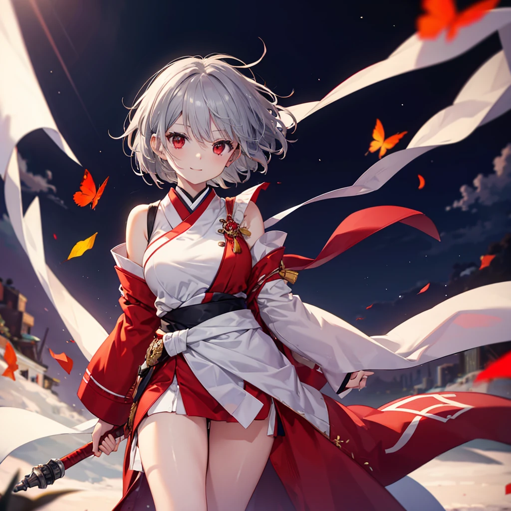 (((((1 person　Gray Hair、short hair、Red Sideburns　White and red clothes、shoulder)))))　((((High resolution　Put the sheath on your waist　Visible thighs))))　(((Black Belt　warrior　military commander、Close-up　smile　Red eyes)))　((Bright red butterfly　night　Japanese style、old　Shining Aura　garden、water surface　full moon　Catch the wind))　(Shining Background　Shining Edges)