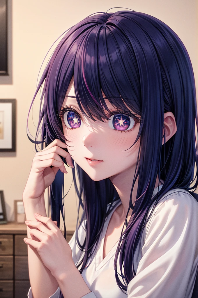 (8k, Ultra-high resolution, The best masterpiece, best quality:1.2), Very detailed, portrait, Half Body, side, focus on eyes, HD RAW photos, career arrest, High quality and beautiful, 超高清 8k 影像照片, confess, Professional photography, (actual, actual相片: 1.37), Very detailed的美麗女孩, Super delicate face shape, Contoured eyes, (Very detailed eyes), Delicate skin, (HD Skin:1.2), Neatly contoured fingers, (20:1.2), Twenty generations, cute girl, young beautiful mother, solo, Ai Hoshino, Hoshino Ai, (Wear comfortable loungewear), Vibrant look, (Layperson, Living room), Dynamic dark purple long hair, shiny purple eyes, (Star-shaped pupil:1.5), one hand raised, Sensual, warm, Exuding motherly love, perfect anatomy, Detailed background, HD Background, Volumetric lighting, actual, stunning details, 8k Ultra HD, high quality, CG unity, C4D Rendering, 3D Rendering, Octane Rendering,