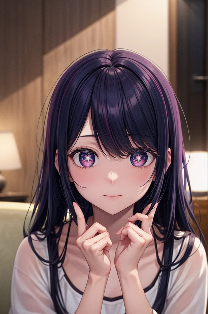 (8k, Ultra-high resolution, The best masterpiece, best quality:1.2), Very detailed, portrait, Half Body, side, focus on eyes, HD RAW photos, career arrest, High quality and beautiful, 超高清 8k 影像照片, confess, Professional photography, (actual, actual相片: 1.37), Very detailed的美麗女孩, Super delicate face shape, Contoured eyes, (Very detailed eyes), Delicate skin, (HD Skin:1.2), Neatly contoured fingers, (20:1.2), Twenty generations, cute girl, young beautiful mother, solo, Ai Hoshino, Hoshino Ai, (Wear comfortable loungewear), Vibrant look, (Layperson, Living room), Dynamic dark purple long hair, shiny purple eyes, (Star-shaped pupil:1.5), one hand raised, Sensual, warm, Exuding motherly love, perfect anatomy, Detailed background, HD Background, Volumetric lighting, actual, stunning details, 8k Ultra HD, high quality, CG unity, C4D Rendering, 3D Rendering, Octane Rendering,