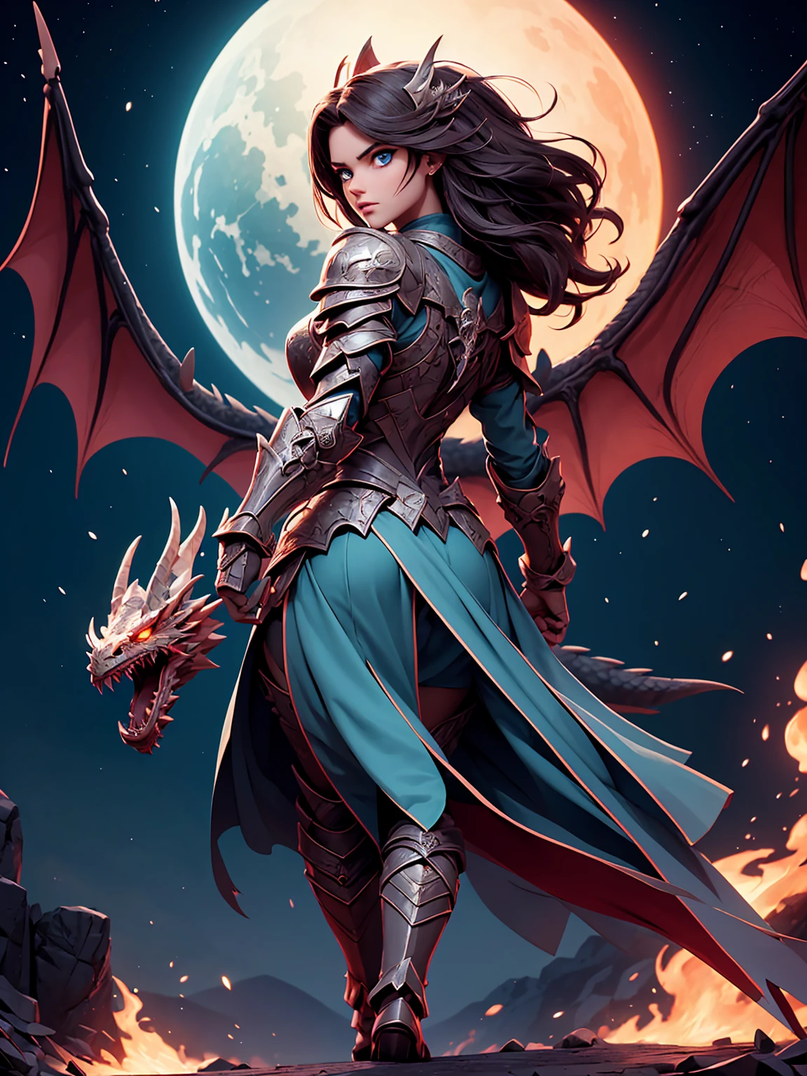 (masterpiece), (best quality), (high uqality), (8k), girl, (full-body), dragon armor, intricate details, red glow, short shilver hair, back messy hair, detailed hair strands, light blue eyes, dominance expression, walking in lesser caotic place as she rule the world, fire background, and dragons in the night sky, fierce aura, (high quality ilumination)