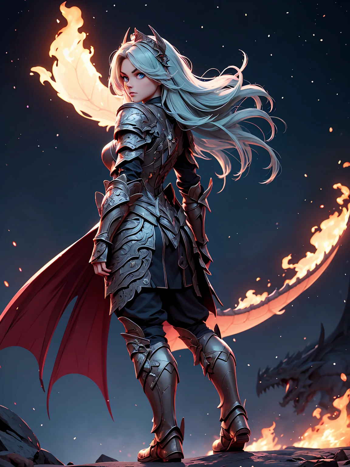 (masterpiece), (best quality), (high uqality), (8k), girl, (full-body), dragon armor, intricate details, red glow, short shilver hair, back messy hair, detailed hair strands, light blue eyes, dominance expression, walking in lesser caotic place as she rule the world, fire background, and dragons in the night sky, fierce aura, (high quality ilumination)