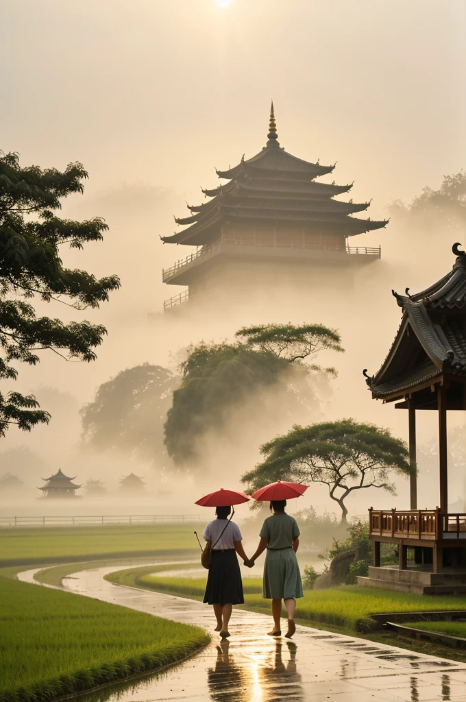 The evening air is clear, looking from the eaves of a hut, seeing two school girls holding hands and walking with umbrellas, walking along the green rice fields, walking towards the golden Buddha statue and the beautiful pagoda, the atmosphere of the fields with warm golden light, creating an enchanting atmosphere, the background with thick fog, 8k high definition image