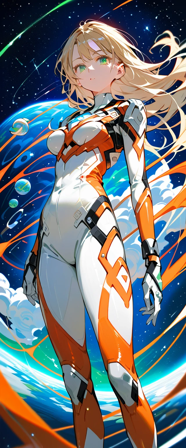 (best quality),female,Sala,original,blonde hair ,green eyes,(((white bodysuit))),orange bodysuit,ultragirl,standing,space background,ultra-detailed,sharp focus,aesthetic, score_9, score_8_up, score_7_up,source_anime,