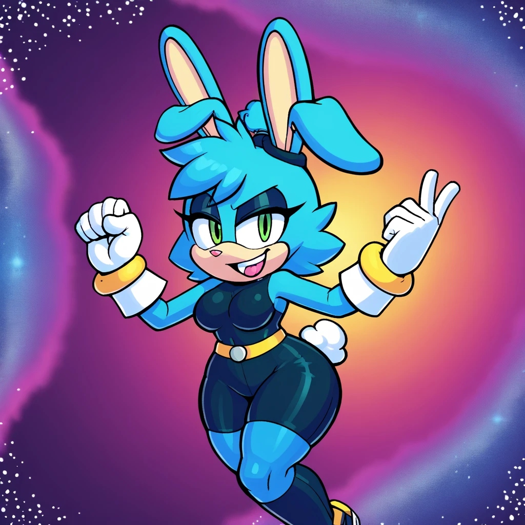 Custom avatar, blue bunny character, has thick thighs, wearing black shorts, in the cyberspace￼, cgi backround, doing a dyamic pose,