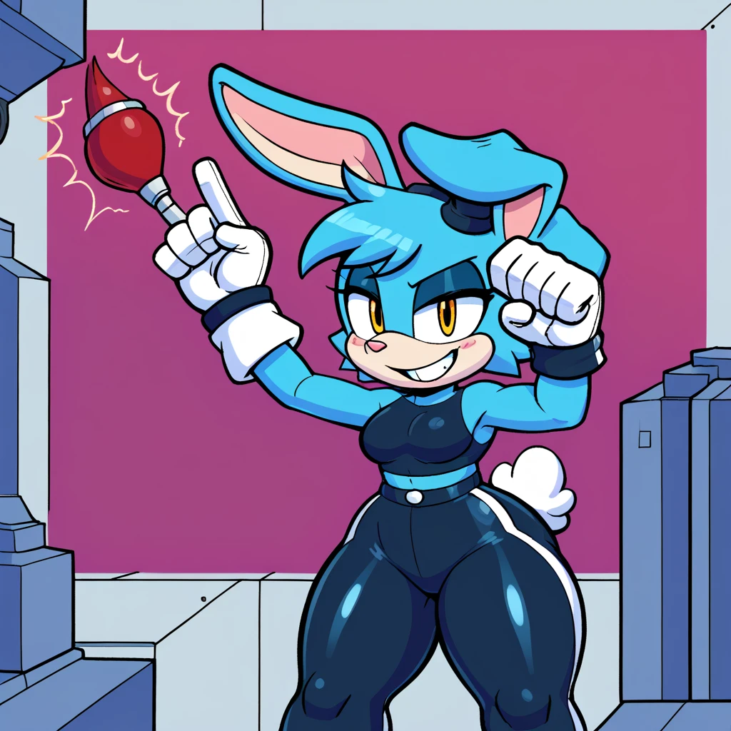 Custom avatar, blue bunny character, has thick thighs, wearing black shorts, in the cyberspace￼, cgi backround, doing a dyamic pose,