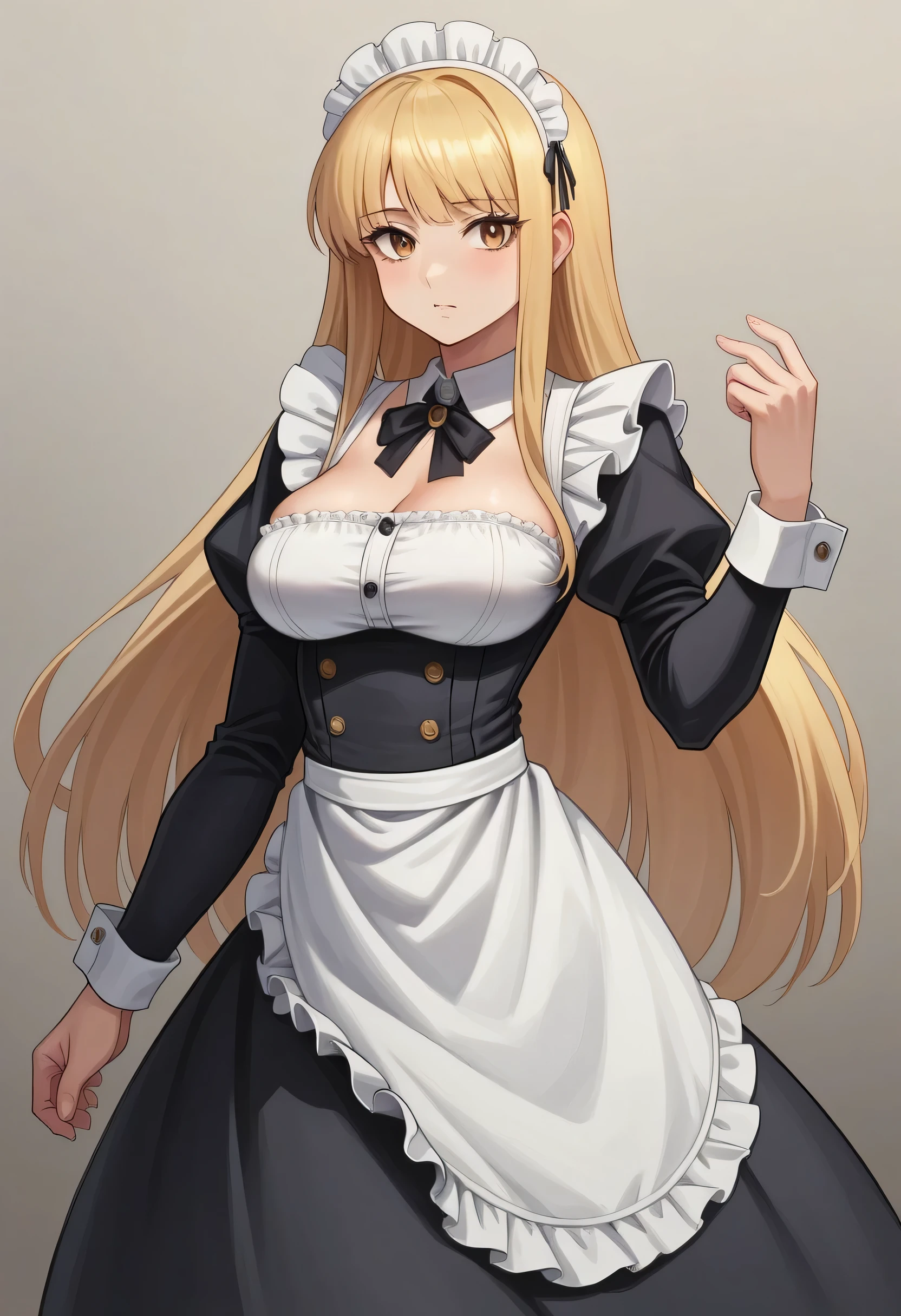 (((Best quality, 8k, Masterpiece: 1.3)), ((best quality)), ((masterpiece)), (detailed), perfect face, A maid girl with long blonde hair, she looks at me, Her thick hair flows, A maid costume with frills. She serves at the royal court, high resolution, Textured skin, anime style