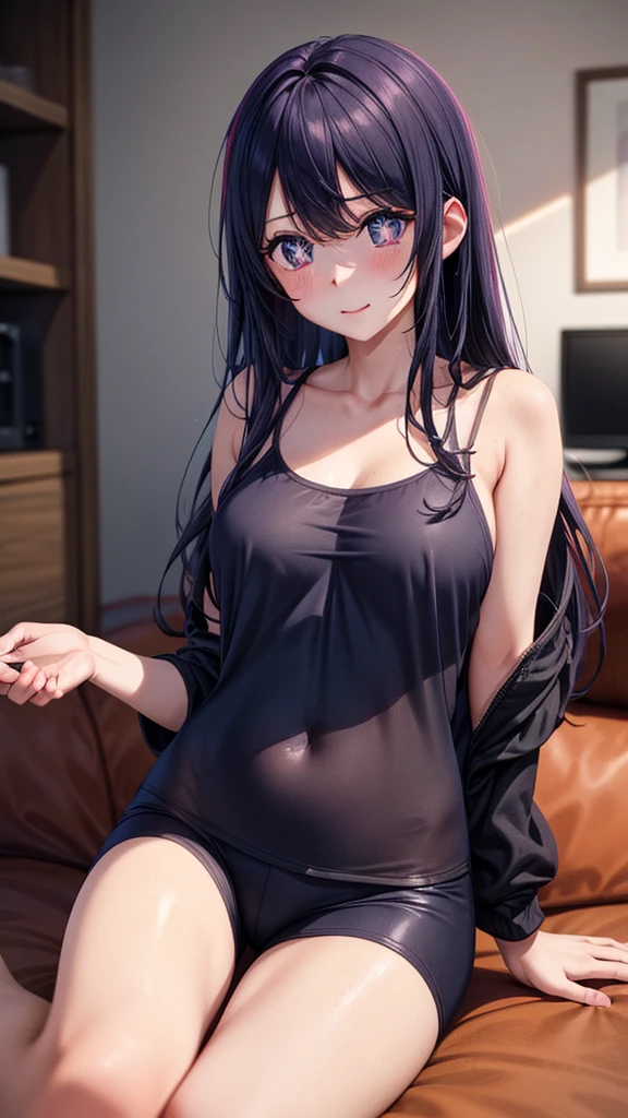 (8k, Ultra-high resolution, The best masterpiece, best quality:1.2), Very detailed, portrait, Half Body, side, focus on eyes, HD RAW photos, career arrest, High quality and beautiful, 超高清 8k 影像照片, confess, Professional photography, (actual, actual相片: 1.37), Very detailed的美麗女孩, Super delicate face shape, Contoured eyes, (Very detailed eyes), Delicate skin, (HD Skin:1.2), Neatly contoured fingers, (20:1.2), Twenty generations, cute girl, young beautiful mother, solo, Ai Hoshino, Hoshino Ai, (Wear comfortable loungewear), Vibrant look, (Layperson, Living room), Dynamic dark purple long hair, shiny purple eyes, (Star-shaped pupil:1.5), one hand raised, Sensual, warm, Exuding motherly love, perfect anatomy, Detailed background, HD Background, Volumetric lighting, actual, stunning details, 8k Ultra HD, high quality, CG unity, C4D Rendering, 3D Rendering, Octane Rendering,