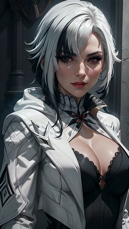 ray tracing,4k, photorealistic,detail,cleavage,detailed face detailed eyes,top anatomy,1 girl,solo,white hair,black hair,multicolored hair,black eyes,x shaped pupils,white arle_suit,face focused