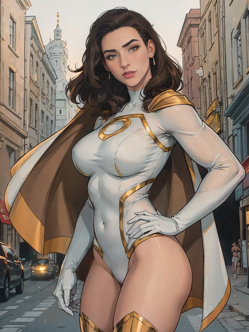 Gorgeous and sultry busty athletic (thin) brunette with sharp facial features wearing a white and gold superhero leotard, cape, gloves, thigh-high boots. Standing, city street.