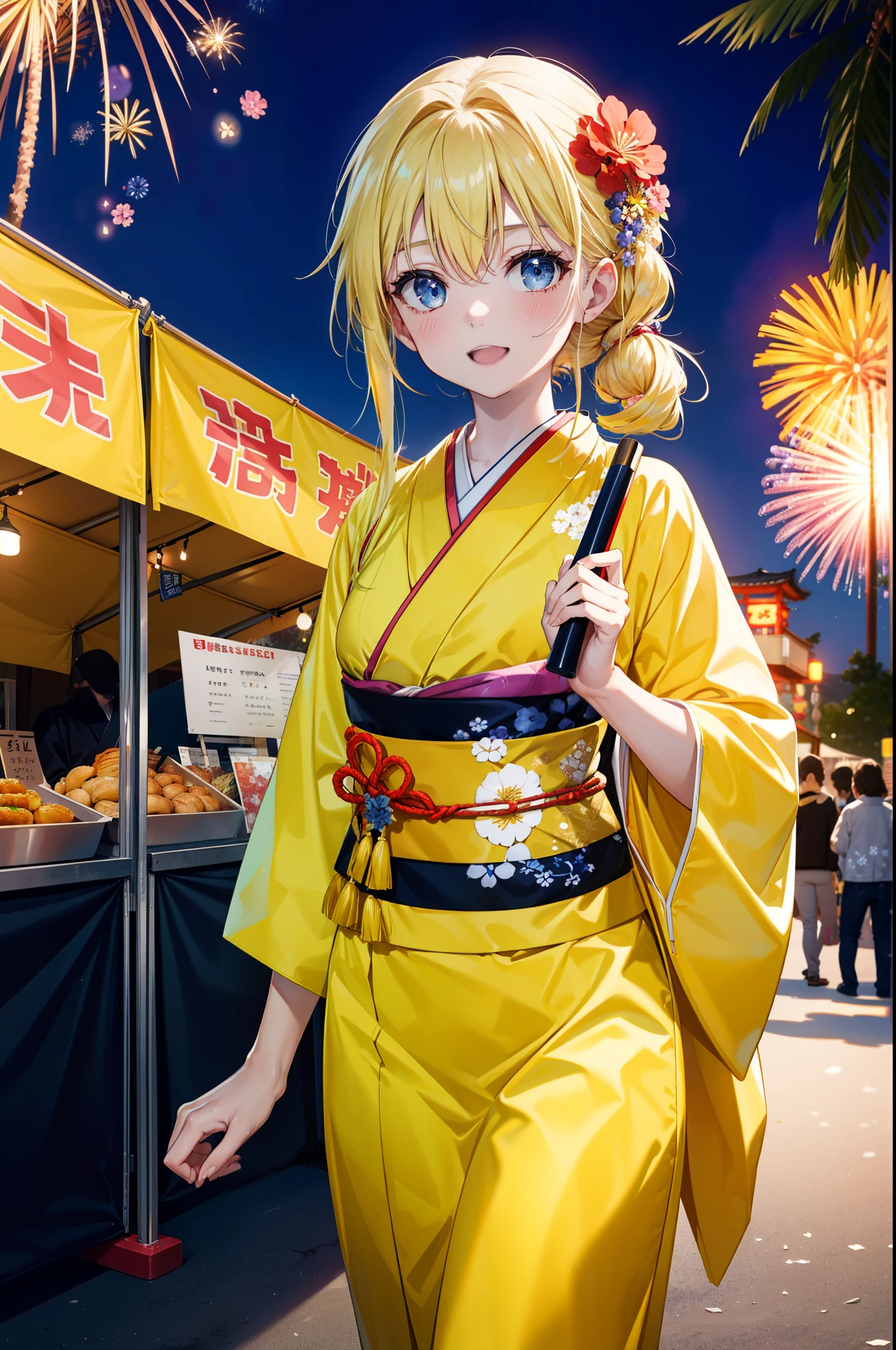 Arisburg, Alice Zuberg, bangs, blue eyes, blonde, Hair between the eyes, Long Hair,Flower Hair Ornaments,Tie your hair back, hair band, white hair band,Yellow kimono,happy smile,smile, Open your mouth,firework in the night sky、firework,場所はfirework大会,Time is night,sunny day,Japanese Festivals,Summer festival food stalls,Red Lantern,whole bodyがイラストに入るように
break outside, shrine,
break looking at viewer, whole body,(Cowboy Shot:1.5),
break (masterpiece:1.2), Highest quality, High resolution, unity 8k wallpaper, (shape:0.8), (Beautiful attention to detail:1.6), Highly detailed face, Perfect lighting, Extremely detailed CG, (Perfect hands, Perfect Anatomy),