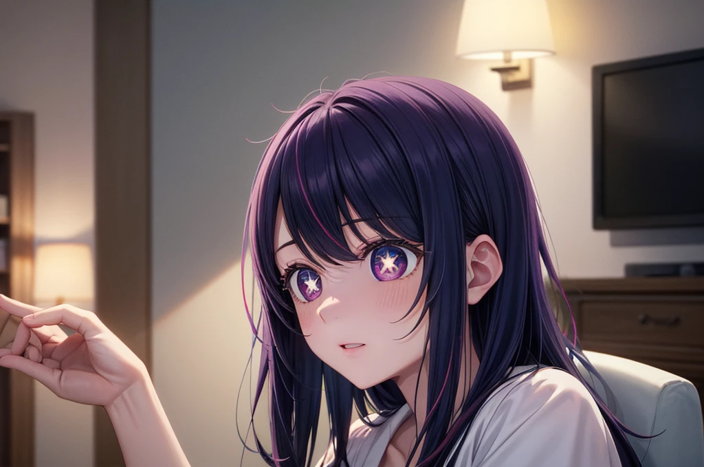 (8k, Ultra-high resolution, The best masterpiece, best quality:1.2), Very detailed, portrait, Half Body, side, focus on eyes, HD RAW photos, career arrest, High quality and beautiful, 超高清 8k 影像照片, confess, Professional photography, (actual, actual相片: 1.37), Very detailed的美麗女孩, Super delicate face shape, Contoured eyes, (Very detailed eyes), Delicate skin, (HD Skin:1.2), Neatly contoured fingers, (20:1.2), Twenty generations, cute girl, young beautiful mother, solo, Ai Hoshino, Hoshino Ai, Permanent, (Wearing home clothes), Vibrant look, (Layperson, Living room), Dynamic dark purple long hair, shiny purple eyes, (Star-shaped pupil:1.5), one hand raised, Sensual, Exuding motherly love, perfect anatomy, Detailed background, HD Background, Volumetric lighting, actual, stunning details, 8k Ultra HD, high quality, CG unity, C4D Rendering, 3D Rendering, Octane Rendering,