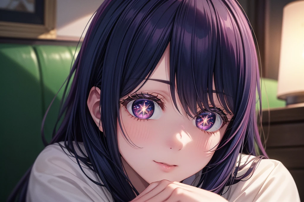 (8k, Ultra-high resolution, The best masterpiece, best quality:1.2), Very detailed, portrait, Half Body, side, focus on eyes, HD RAW photos, career arrest, High quality and beautiful, 超高清 8k 影像照片, confess, Professional photography, (actual, actual相片: 1.37), Very detailed的美麗女孩, Super delicate face shape, Contoured eyes, (Very detailed eyes), Delicate skin, (HD Skin:1.2), Neatly contoured fingers, (20:1.2), Twenty generations, cute girl, young beautiful mother, solo, Ai Hoshino, Hoshino Ai, Permanent, (Wearing home clothes), Vibrant look, (Layperson, Living room), Dynamic dark purple long hair, shiny purple eyes, (Star-shaped pupil:1.5), one hand raised, Sensual, Exuding motherly love, perfect anatomy, Detailed background, HD Background, Volumetric lighting, actual, stunning details, 8k Ultra HD, high quality, CG unity, C4D Rendering, 3D Rendering, Octane Rendering,