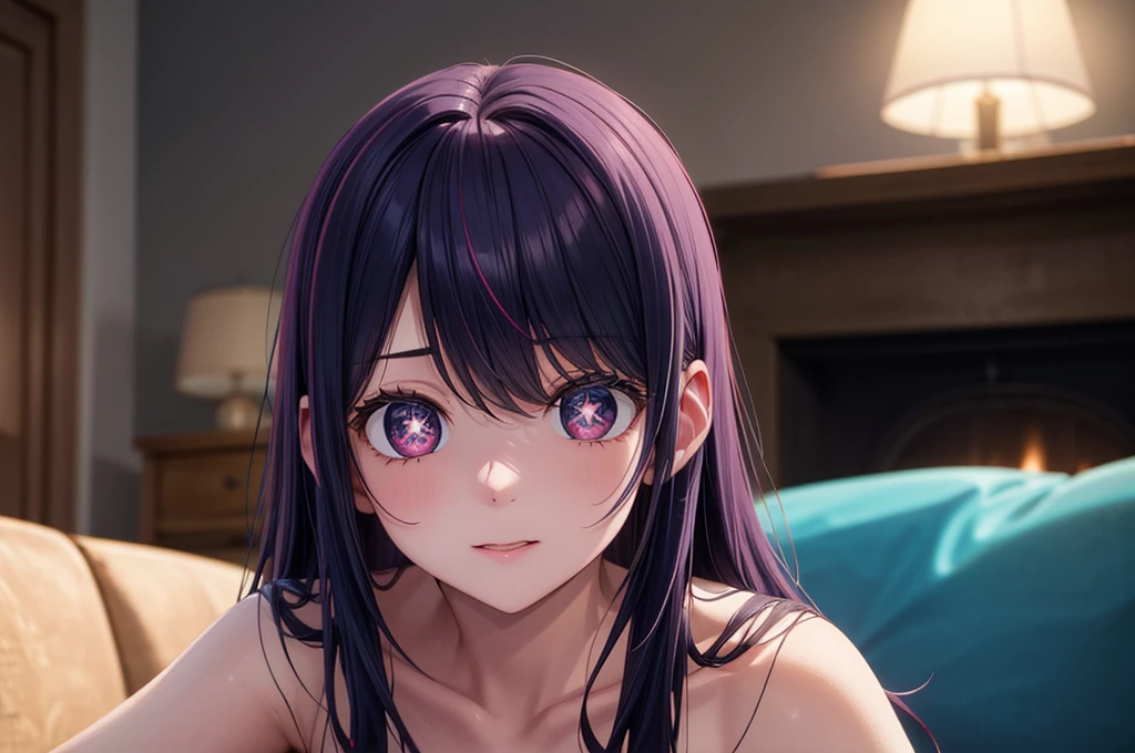 (8k, Ultra-high resolution, The best masterpiece, best quality:1.2), Very detailed, portrait, Half Body, side, focus on eyes, HD RAW photos, career arrest, High quality and beautiful, 超高清 8k 影像照片, confess, Professional photography, (actual, actual相片: 1.37), Very detailed的美麗女孩, Super delicate face shape, Contoured eyes, (Very detailed eyes), Delicate skin, (HD Skin:1.2), Neatly contoured fingers, (20:1.2), Twenty generations, cute girl, young beautiful mother, solo, Ai Hoshino, Hoshino Ai, Permanent, (Wearing home clothes), Vibrant look, (Layperson, Living room), Dynamic dark purple long hair, shiny purple eyes, (Star-shaped pupil:1.5), one hand raised, Sensual, Exuding motherly love, perfect anatomy, Detailed background, HD Background, Volumetric lighting, actual, stunning details, 8k Ultra HD, high quality, CG unity, C4D Rendering, 3D Rendering, Octane Rendering,