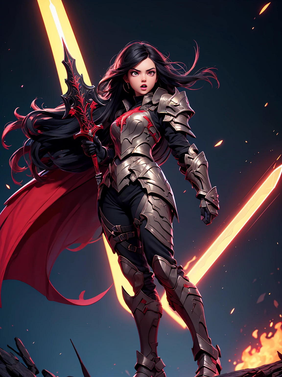 (((masterpiece, high quality, 16k))),((full-body)), 1 girl with dark dragon armor, high detailed armor, remarcable shoulder pads, leg parts, matching parts, glowing red detail, medium black hair, detailed hair strands, red colored eyes, insane expression, holding a sword, night background, vibrant colors, sleek desing, metallic color, sci-fi style.