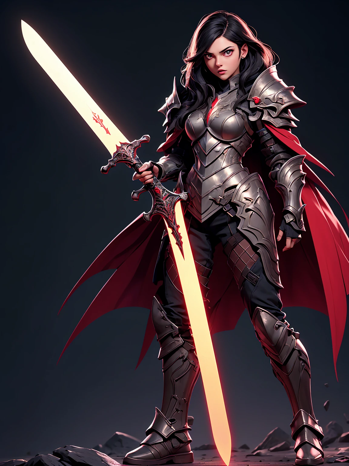 (((masterpiece, high quality, 16k))),((full-body)), 1 girl with dark dragon armor, high detailed armor,  remarcable shoulder pads, leg parts, matching parts, glowing red detail, medium black hair, detailed hair strands, red colored eyes, insane expression, holding a sword, night background, vibrant colors, sleek desing, metallic color, sci-fi style.