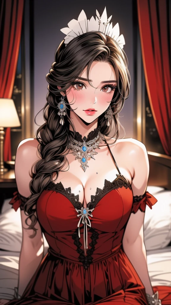 (((highest quality))),(((masterpiece))),(((detailed))),(((On High Resoluti))),(((Beautiful and beautiful work: 1.5))),(Above Ultra High Resoluti), (ultra detail),(((Detailed background)))8k, RAW photo, highest quality,32K,masterpiece,hyper HD,Delicate and beautiful hair, eyes and face,((hotel room,on the bed)),beautiful face,((blush, Sweat)), Clear white sk,(maid costume),(ultra detail,paizuri :1.5),(ultra detail, facial)