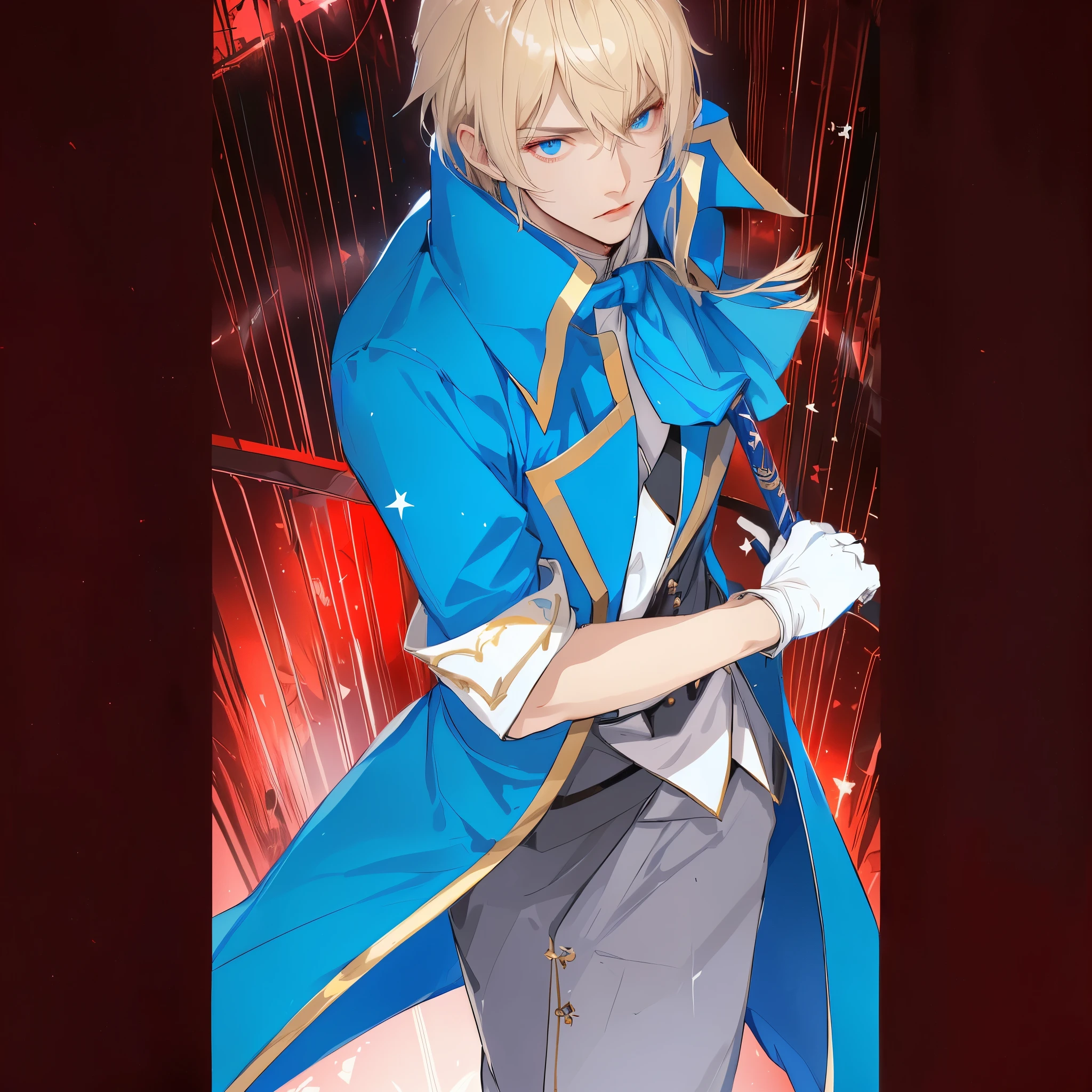 anime character with blue coat and red background, serious eyes, murderous gaze, okita sougo, tall anime guy with blue eyes, nobutaka ike, Cute androgynous prince, artoria pendragon, portrait of the magical blond prince, anime style like Destiny/stay overnight, anime fencer, Destiny / stay overnight, delicate androgynous prince, spear, Destiny stay overnight, serious face, malefic, villain, villainous face, cara de malefic, White Glove, usando White Glove na mão, serious eyes, murderous gaze
