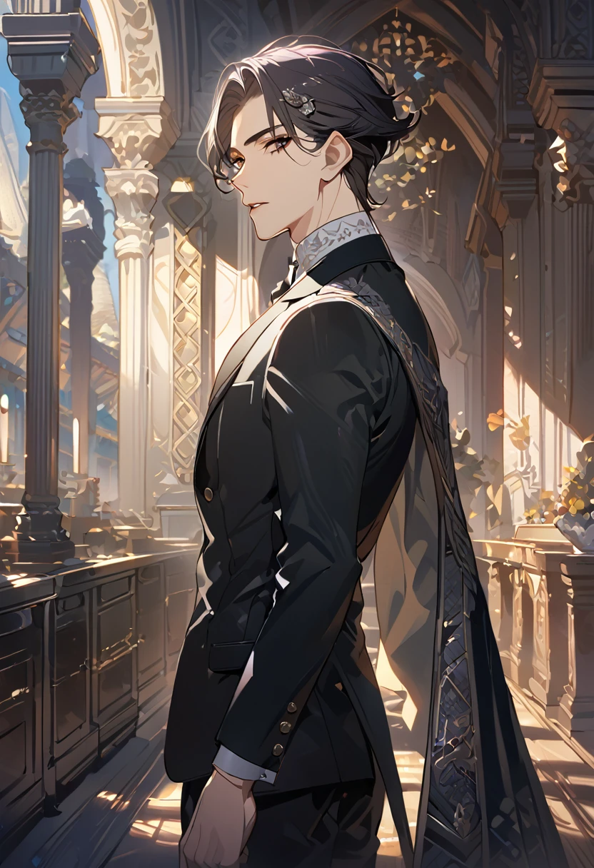 masterpiece, best quality, 8k ,4k , 1 male, elf, long ears elf, dark grayish hair, dark greenish eyes, hair ornament, finely detailed eyes and detailed face, looking at viewer, from side, meticulous clothes, formal clothes, combination of white and black coat, half cape by the shoulders, patterned clothes, majestic looks, sharp looks, shadows, inspired by Asukaziye artist : ask, art style : ask