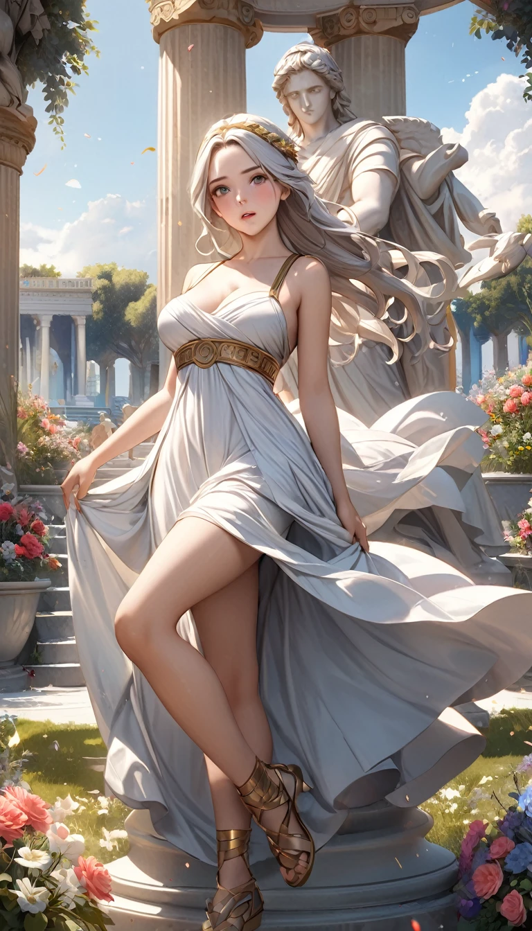 (8k, Highest quality, masterpiece),(Realistic, RAW Photos, Super Fine Clear), Realistic Light, Sculpture, ((Statue of a 25-year-old girl, Statue of Nikke from Greek mythology:1.5)), Thin legs, fine grain, Long white hair, Detailed fingers, thin, Sexual, Ecstasy Facial Expressions, (Super big bouncy and firm bust), The dress has a wide opening at the chest, Exposing breasts, (Ancient Greek style dress), (garden, Flower Storm), Lakeside palace, (art:1.5)