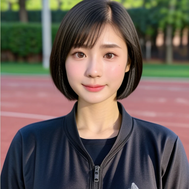 (kawaii 18 year-old Japanese girl, Nogizaka idol, Korean idol, highschool student, track and field player), healthy female athlete body, (glossy black hair, short hair, pixie cut, bangs:1.3), (rounded face, beautiful black eyes, single eyelid, no makeup, soft smiling:1.2), (wearing light pink woven track jacket, sweat jogger pants), extra small breasts, BREAK, (park background, turf), (dynamic angle, bust shot), BREAK, (masterpiece, best quality, photo realistic, official art:1.4), (UHD, 8K quality wallpaper, high resolution, raw photo, golden ratio:1.3), (shiny skin), professional lighting, physically based rendering, award winning, (highly detailed skin, extremely detailed face and eyes), Carl Zeiss 85 mm F/1.4, depth of field, 1girl, solo,