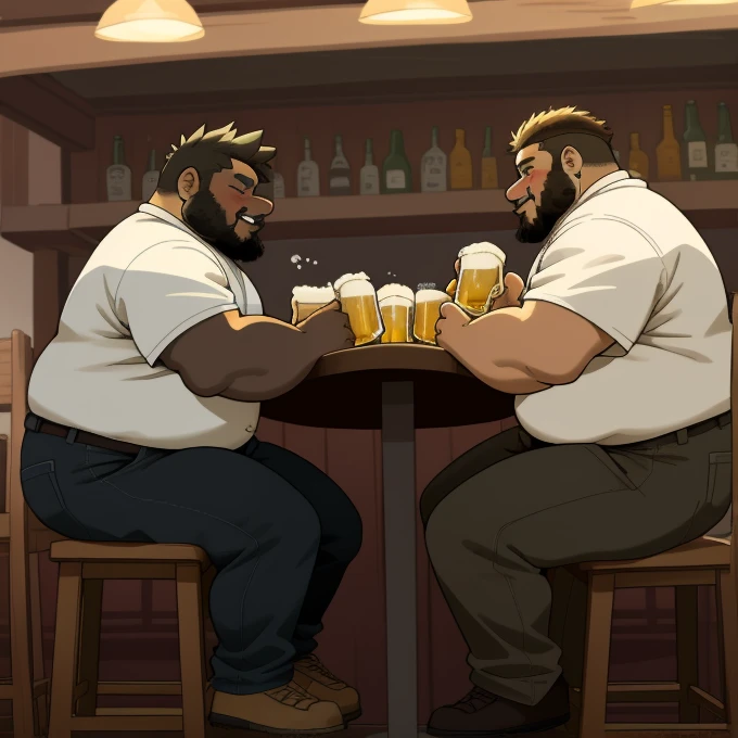 Only plump, chubby, extremely thick thighs, large belly, fat, age 55, two friends are at the bar drinking beer gesturing and talking sitting on the chair with beer bottles on their table , an environment with tables and other people sitting and talking , 4K, masterpiece.