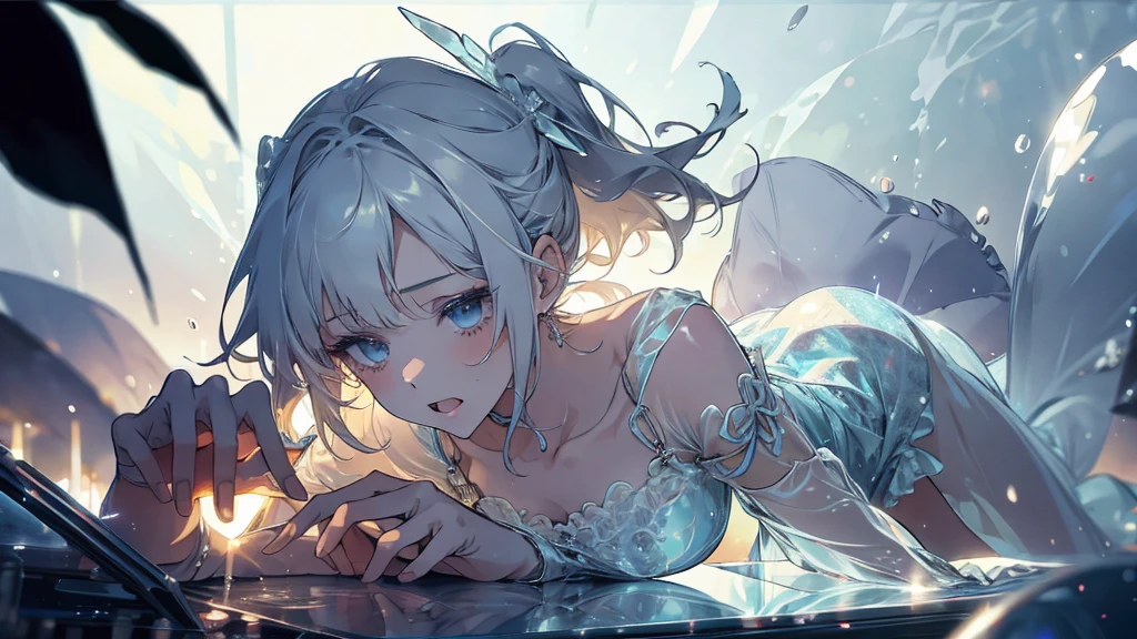 A lewd girl wearing glass dress, translucent fabrics